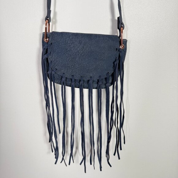 Free People Blue Faux Leather Fringe Bag Festival Bohemian - Picture 4 of 9